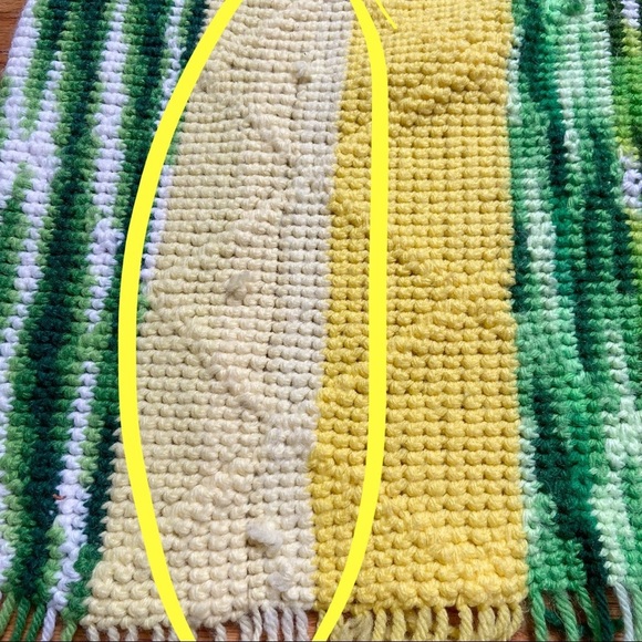 Vintage Handmade Crocheted Yellow, Green & White Striped Blanket With Fringe - Picture 7 of 9